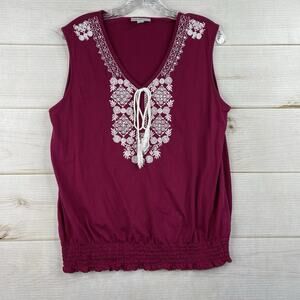 Dress Barn Top Womens XL Dark Pink Floral Embroidered Sleeveless Tassles Elastic